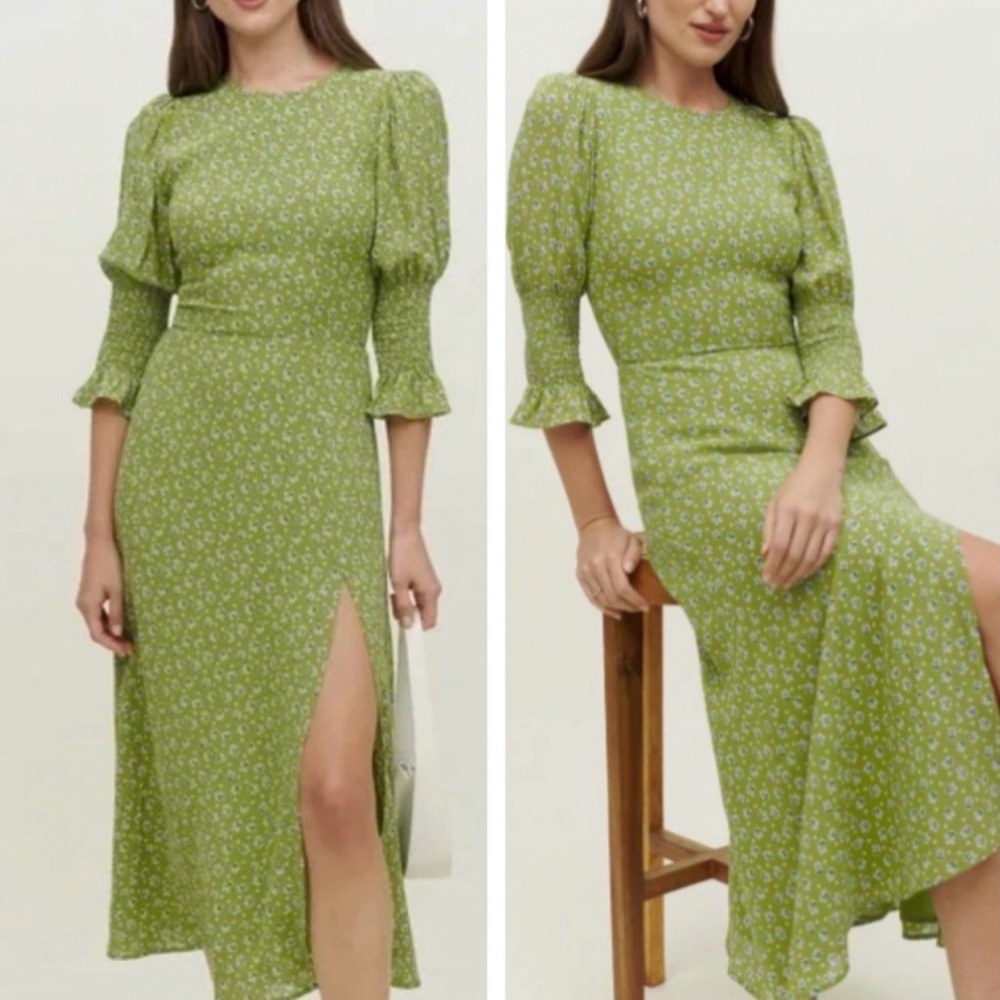 Reformation Green Floral Midi Dress